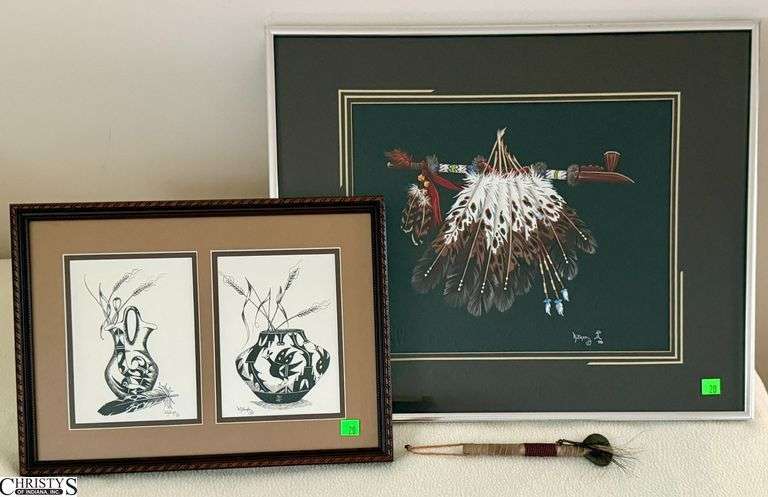 2 Framed Judie Atkin Southwestern Lithographs and Small Native American Stone Head Mallet - 3pcs - 20.5" x 16" of largest frame image