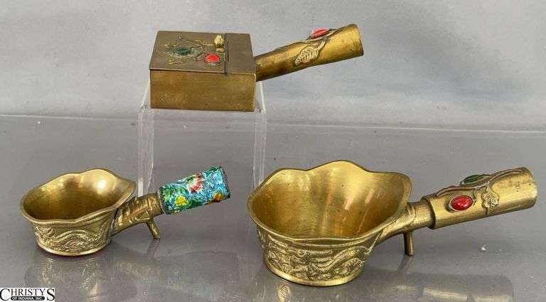 3pcs Chinese Brass Handled Trays and Box, Largest 3x7" image