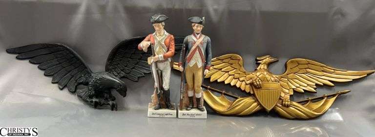 2 Metal Eagle Crests, 2 Andrea by Sadek Soldier Figurines - 26" of largest eagle image