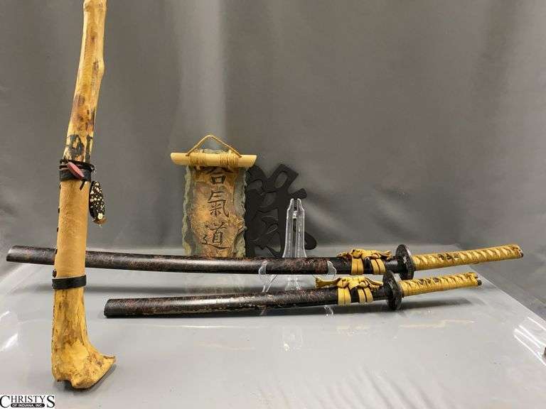 Walking Staff, Asian Influence Stone and Brass Signs, 2 Samurai Style Swords - 58" of staff image