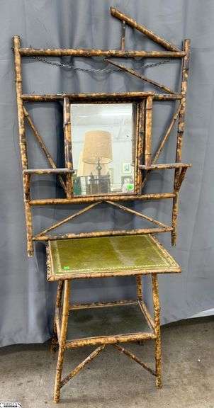 Leather Top Bamboo Accent Table and Bamboo Frame Display Mirror - 29" x 41" of mirror - mirror is missing some pieces image