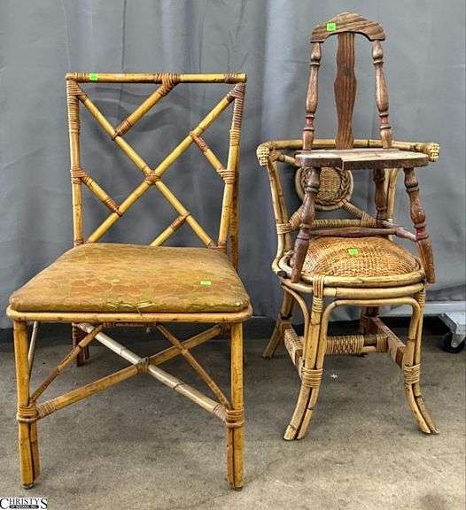 2 Bamboo Chairs and Small Childs Oak Chair - 34" x 17" seat of largest image