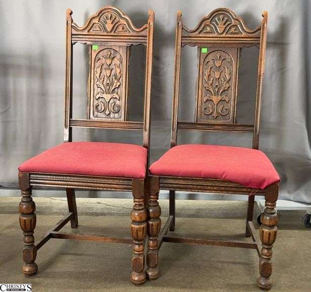 Pair Jacobean Style Dining Chairs - 40" x 18" seat image