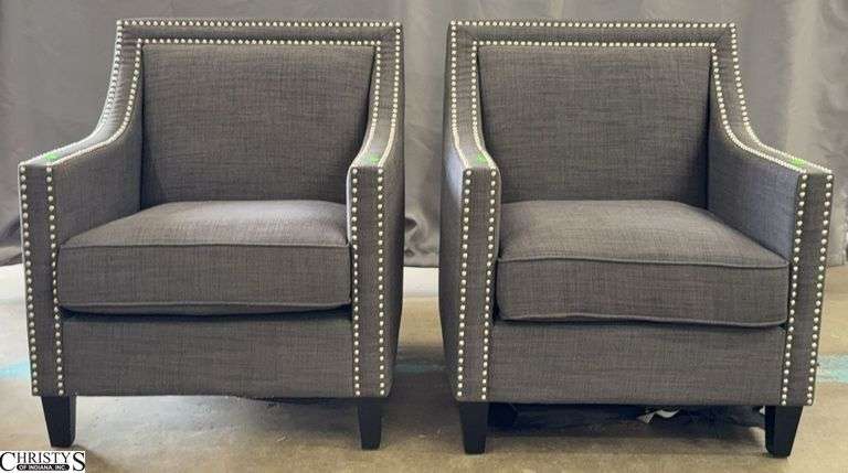 Pair of Grey and Chrome Nail Head Accents Square Back Arm Chairs 28x30x35" Tall To Back image