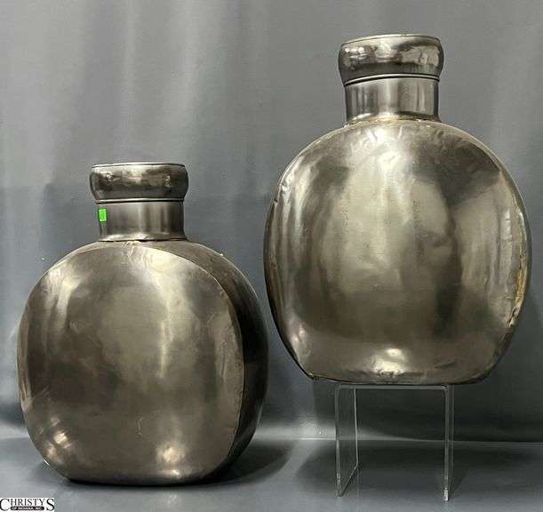 2 Pottery Barn Large Silver Tone Metal Vases - 13" x 18.5" of each image