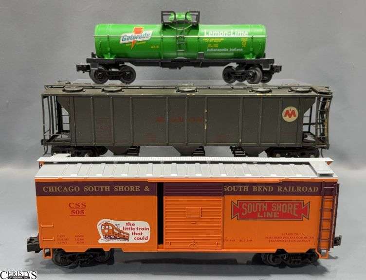 3 Unboxed Train Cars, South Shore Line, Gatorade Tanker, Monon Covered Hopper Some Wear image
