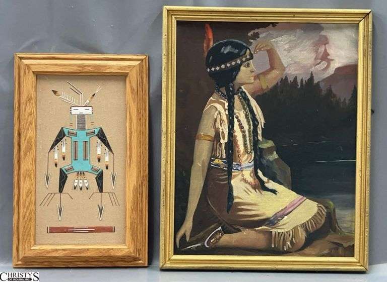 Thunderbird Navajo Sand Art and Native American Girl Oil Painting on Board - 15.5" x 19.5" of largest frame image