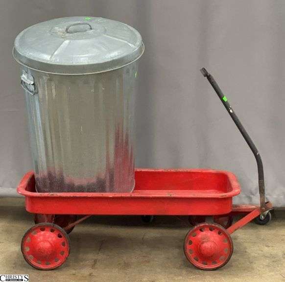 Painted Red Wagon, Aluminum Trash Can With Lid image