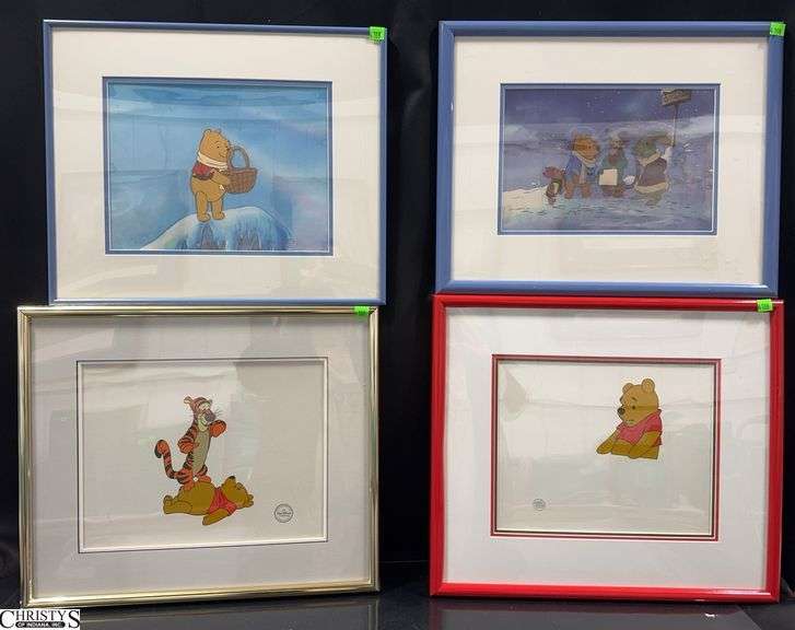 4 Walt Disney Company Pooh Framed Art Approx. 19" X 15".  Some could be production cells however they are not marked and have no paperwork with them. image