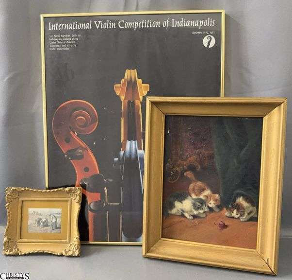 3pcs Framed Violin Poster, Kittens Painting, and Small Print, Largest 17x22" image