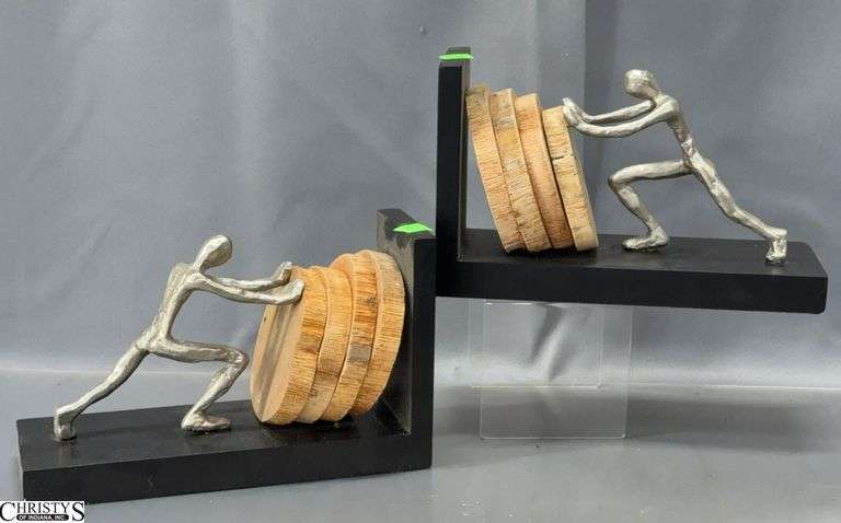 Pair of Men Holding Up Wood Slats Bookends 10x6" image