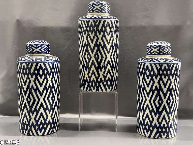 3 Blue and White Decor Lidded Vases - 13.5" T of each image