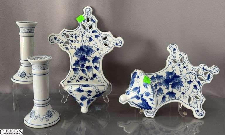 Blue and White Ceramic Wall Sconces, and Pair of Candle Sticks, Sconces 12" image