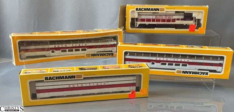 4 HO Bachmann Auto Train GE U36B Diesel Engine, Full Domed Passenger Car 1252, Passenger Coach 1252, With Auto Box Car 1250 image