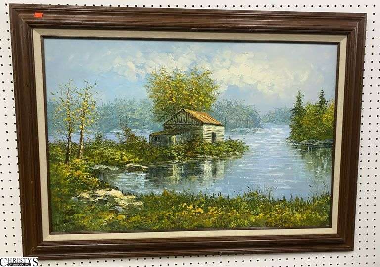 Impasto Style Lake Cabin Scene Painting - 43" x 31" of frame- image