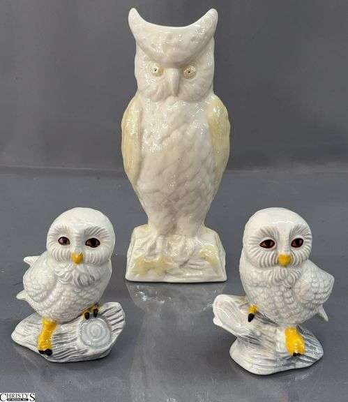 3pcs Belleek Owl Vase 8" and Pair of Snow Owls image