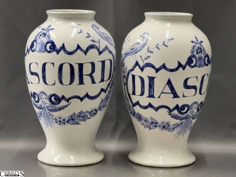 Pair Eli Lilly Blue and White Portuguese Pottery Apothecary Jars - 10.5" of each image