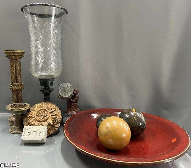 Large Ceramic Decorator Bowl w/ Orbs, Candle Hurricane and Sticks, Tabletop Decor - 20" D of bowl image