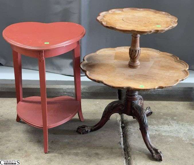 Tiered Mahogany Table and Heart Shaped Lane Side Table - 32" x 27" of largest - both show wear image