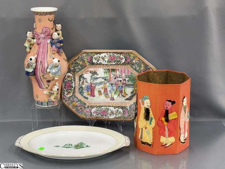 Pink Chinoiserie Fertility 7 Climbing  Children Vase 14" and Fabric Storage, Plate and Platter image