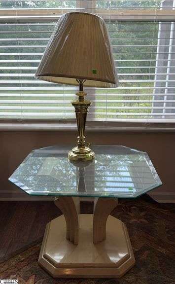 Modern Style Side Table and Brass Tone Lamp - 28" x 28" x 19" of table image