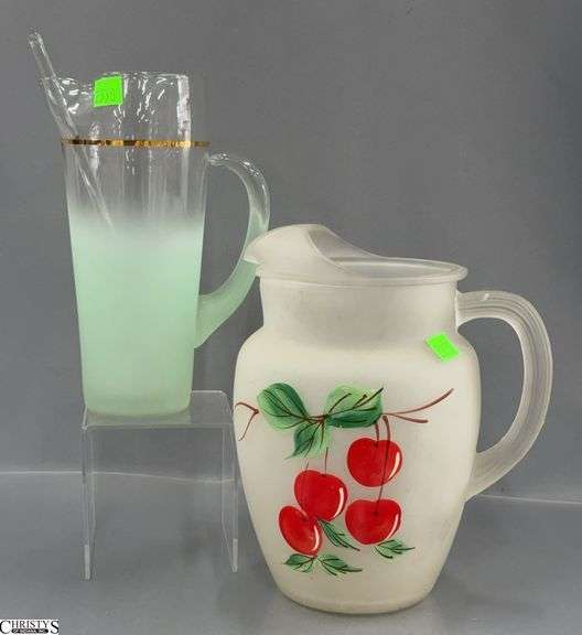 Mid Century Mint Blendo Pitcher and Satin Painted Cherry Motif Pitcher Tallest 9" image