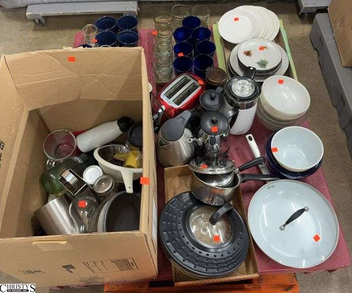 Skid of Kitchen Supplies - Toaster, Carafes, Dishes, Pots and Pans, Glasses - SKID NOT INCLUDED image