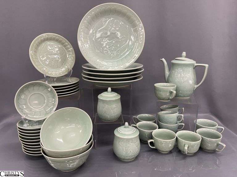 Celadon Dishes, Teapot, Cups and Saucers, Plates, approx 39pcs image