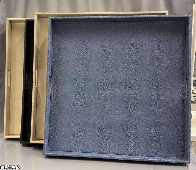 4 Large Ottoman Trays, Beige, Blue and Black, Some Wear 30x30" image