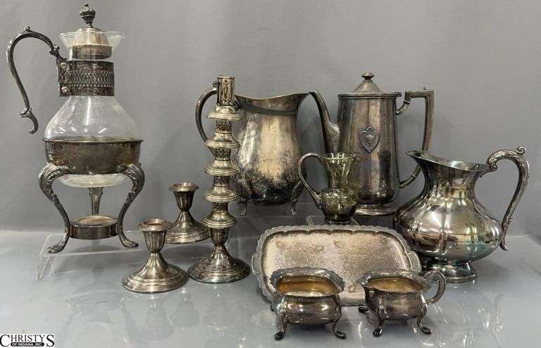 Silver Plated Pitchers, Cream and Sugar, Coffee Carafe, Bud Vase or Candle Holders, Carafe Tallest 14.5" image