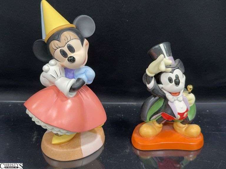 2 Walt Disney Classic Collection Figures Mickey and Minnie in Boxes with Certificate of Authenticity. Includes Mickey "On with the show!" from Magician Mickey and "Brave Little Tailor" Princess Minnie 1996 Members Only Sculpture image