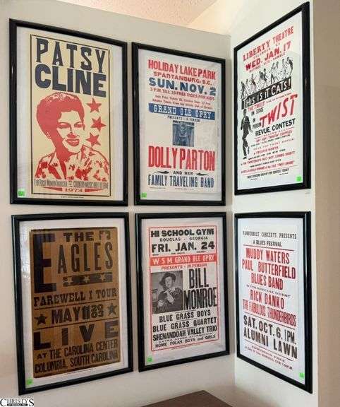 6 Vintage Concert Poster Prints - Dolly Parton, Eagles, Patsy Cline - 17" x 25" of each frame image