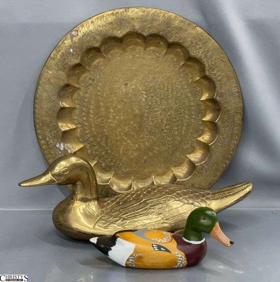 Brass Duck 6" Tall, Wooden Duck, Brass Tray image