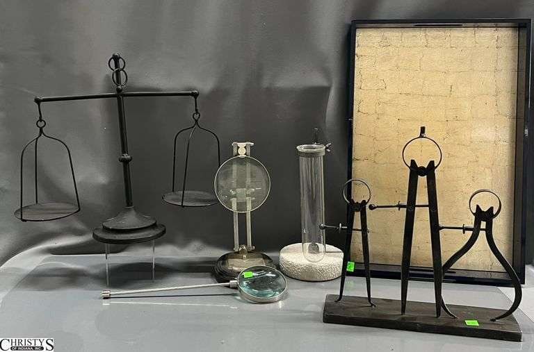 Tabletop Magnifying Glasses, Metal Tong Sculpture and Scales, Pipette Style Vase, Tray - 22" x 15" of tray image