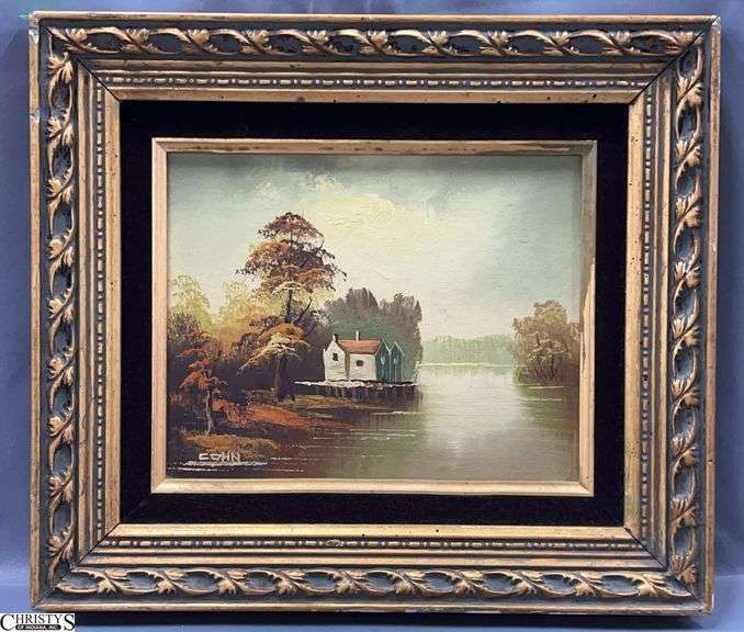 Signed Cohn Lake Scene Oil on Board Painting - 15" x 13.5" of frame image