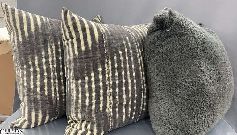 3 Grey and Off White Zippered Throw Pillows, Largest Fluffy 22" image