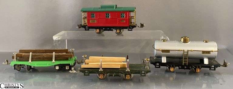 4pcs Lionel Pre War Train Cars, Some Possible Refinished Tin Plate, Tank, Lumber Flat Cars, and #807 Red Caboose image