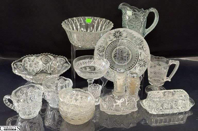 Pressed Glass Serveware - Salt and Pepper, Butter Dish, Bowls, Small Pitchers, Cream and Sugar - 7" of tallest image