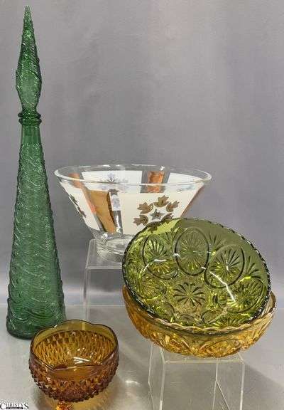 5pcs MCM Style Glass - Empoli Style Decanter, Amber and Green Glass Bowls, Printed Serving Bowl - 22" of decanter image