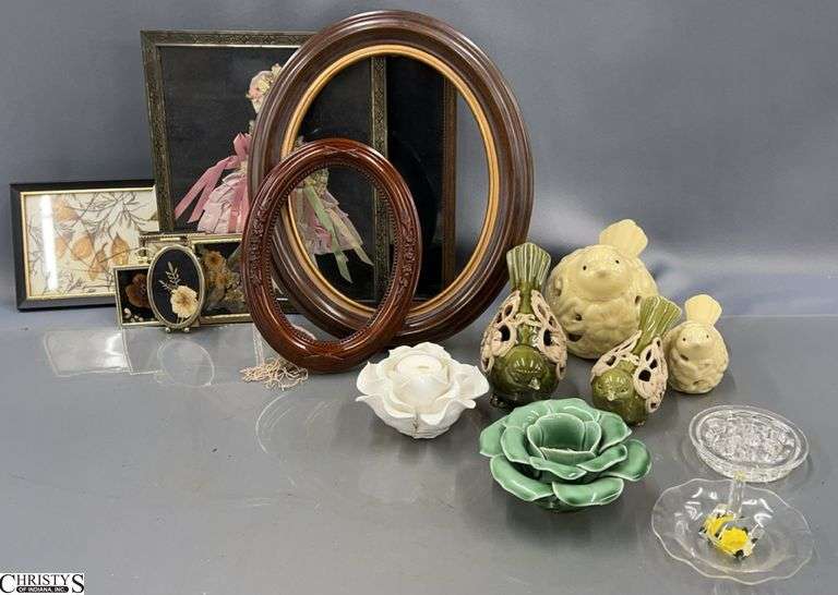 2 Framed Lady Textile Pieces, Framed Dried Flowers, Bird Figurines, Candle Holders - 9" x 11" of largest image