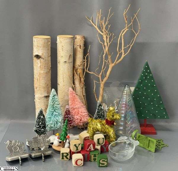 Christmas Decor - Stocking Hangers, Birch Log Pieces, Candles, Misc - 14" of tallest, image