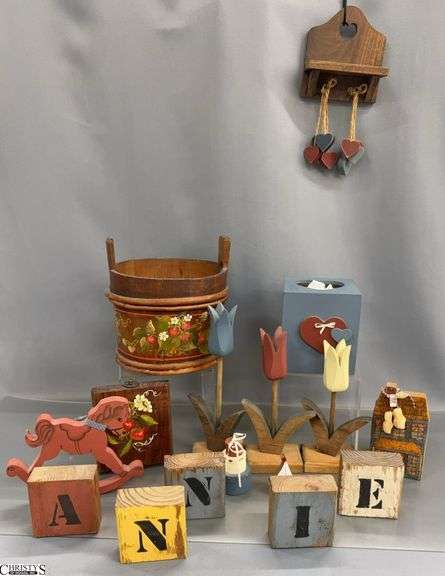 Painted Wood Primitive Style Decor - Small Bucket, Flowers, Kleenex Cover, Small Shelf, Misc - 8.5" x 9" of bucket image