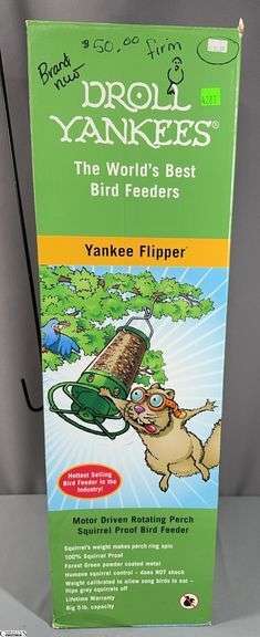 Droll Yankees "Yankee Flipper" Bird Feeder- Motor Driven Rotating Perch Squirrel Proof Bird Feeder In Box with Black Metal Tree Hanger image