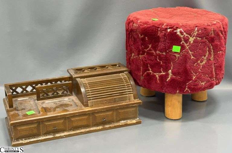 Small Red and Gold Footstool Approx.11" Round X 11" Tall and a Wooden Dresser Top Chest (it has been repaired with glue) image