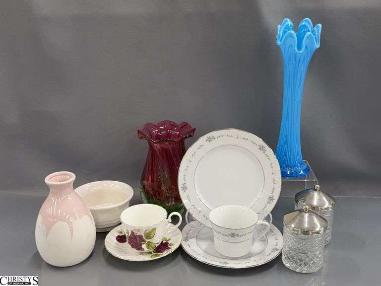 Vases, China Teacups and Plates, Condiment Jars - 11" of tallest image