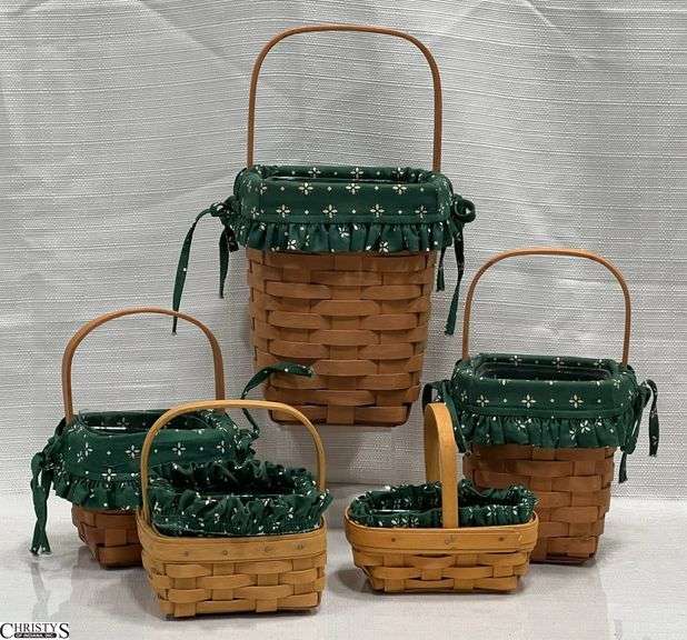 5 Square Longaberger Baskets with Handles, Protectors and Green/White Liners.  13" Tall, 10" Tall, 8" Tall, 6" Tall and 6" Tall Rectangle Shaped Basket image