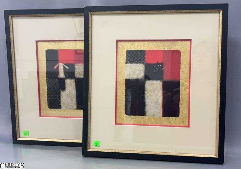 Pair Framed Dog and Cat Prints After Govinder Nazran - 17" x 18" of each image