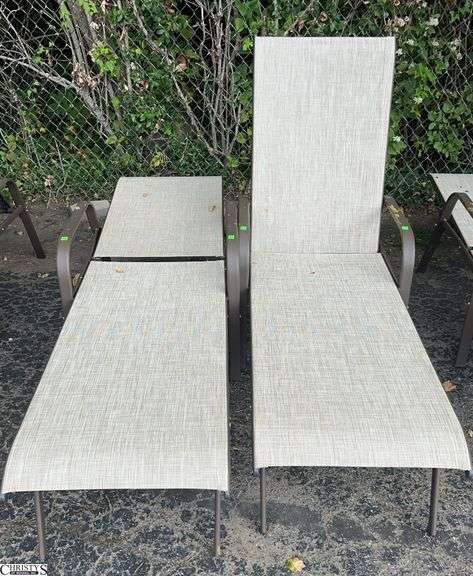 2 Adjustable Patio Outdoor Loungers - 24" W x 66" L x 40" as sits, some scuffing/wear from use image