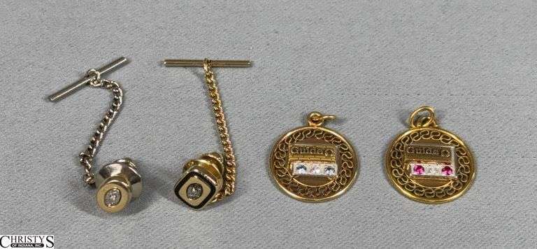 2 "Guide" Pendants Each with 1 Diamond and 2 Colored Stones (unmarked) and 2 Diamond Lapel Pins with Chains (unmarked) image
