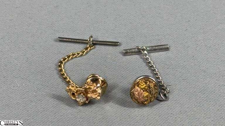 Two Tie Tacks--14KT Yellow Gold Nugget Tie Tack with 1 Approx. .07/100 RB Diamond and a 12KT Black Hills Gold Tie Tack image